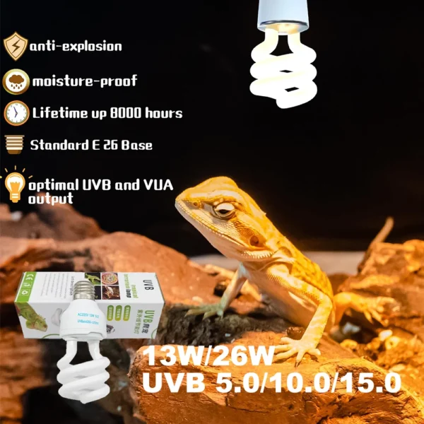 13W /26W Reptile Heating Lamps 5.0 10.0 15.0 UVB Reptiles Energy Saving Light Turtles Lizard Snake Reptile UVB Heating Lights - Image 2